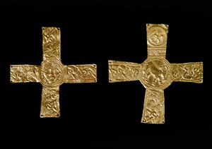 Archaeology of the Middle Ages: Barbarian Art of Lombardy: Pectoral Crosses in Gold Leaves. 7th Century. Italy, Cividale del Friuli, Archaeological Museum by School Lombard