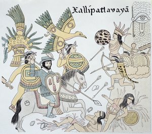 Fighting Between the Spanish and Aztecs at the Battle of Xallipatlavaya, Illustration from a Facsimile of a Mexican Indian Picture History 