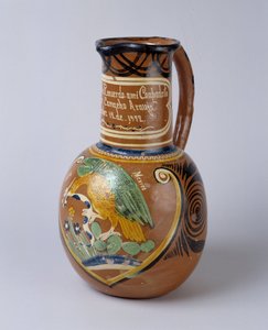 Folk art: pulque jar (fermented agave alcohol) in painted and varnished terracotta, from Mexico. 1972 Musee de la Vallee, Barcelonnette (Alpes de Haute Provence) by School Mexican