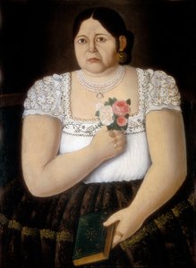 Portrait of a Native Puebla Woman with a Bouquet of Roses by School Mexican