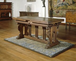 Walnut table with drawers on oak frame with Tuscan columns, 1550-1600 by School Netherlandish