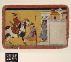 A prince hunting stops at the door of a home by School Pahari