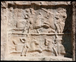 View of the Necropolis and the tombs belonging to Achaemenid kings, relief representing scenes of battle by School Persian