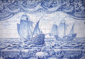 Caravels in the 15th-17th century, azulejos, around Lisbon, Portugal by School Portuguese