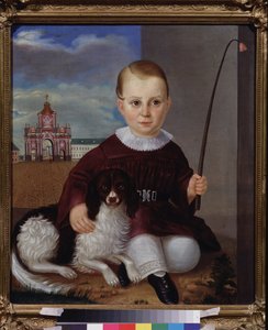 Boy with a Dog in Front of the Red Door (Moscow)