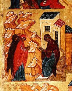 Icon depicting the Virgin selecting the most honoured colours of cloth (detail) by School Russian