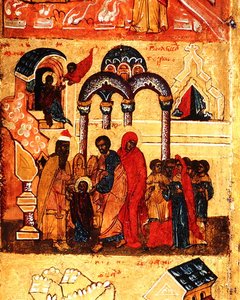 Icon depicting the infancy of the Virgin and her dedication to God (detail) by School Russian
