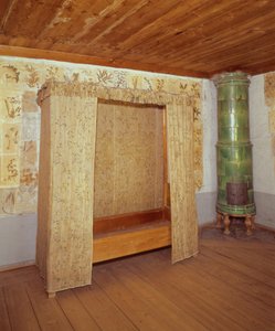 Collapsible bed and ceramic stove in the home of Carl Linnaeus (1707-78) by School Swedish