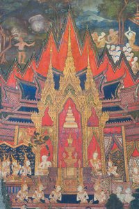 Murals in the Buddhaisawan chapel depicting Indra descending from the heavens soon after the cremation of the Buddha snatching the most valuable relic, a tooth hidden in the brahmin