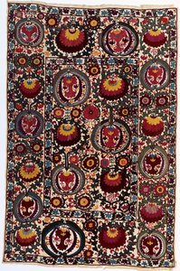A Susani, the White Linen Ground Worked in Silks in Vibrant Shades, c.1900