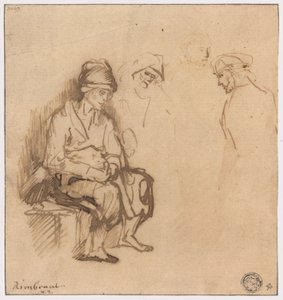 Woman Seated on Bench and Three Sketches of Heads by School of Rembrandt van Rijn