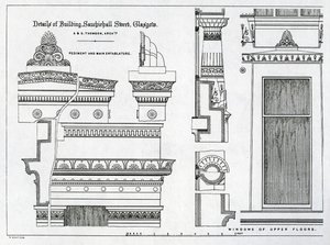 Architectural Details of Grecian Chambers, 336-356 Sauchiehall Street, Glasgow, designed by Alexander Greek Thomson, 1869