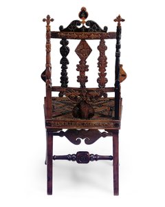 Inlaid and carved open armchair encoded with a patchwork of various phrases, early 19th century by Scottish School