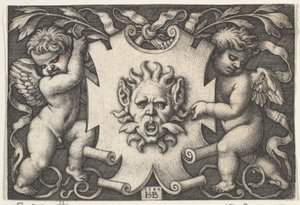 A Mask on an Escutcheon Supported by Two Genii by Sebald Beham
