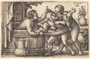 Clown and Two Women Bathing by Sebald Beham