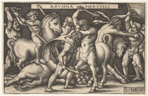 Hercules with His Club in Center Fighting a Centaur, Other Men Fighting Centaurs to Left by Sebald Beham