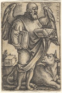 Saint Luke with his head turned in profile to the right, a book in each hand by Sebald Beham