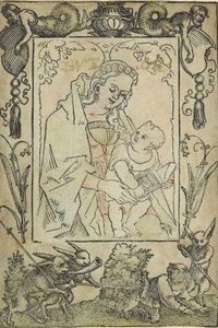 The Virgin and Child surrounded by a border with a hunter and some rabbits by Sebald Beham