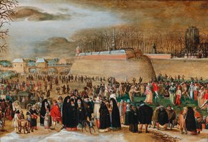 Winter landscape with a carnival scene near the Kipdorppoort Bastion in Antwerp