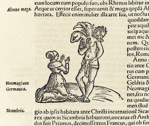 A witch summons a three headed demon, from 1550 edition of Cosmographia by Sebastian Munster by Sebastian Munster