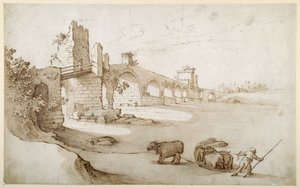 A drover urging a team of bullocks to swim the Tiber at the Ponte Milvio Crossing by Sebastian Vrancx