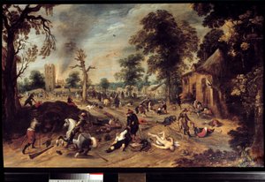 Looting in a Village. A Group of Horsemen Looted and Slaughtered the Inhabitants of a Village, the Body of a Naked Woman Lies on the Ground, Another is Dragged by the Hair. Painting by Sebastien Vrancx by Sebastian Vrancx