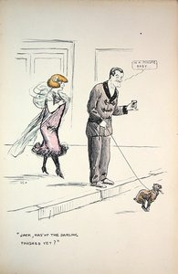 Couple waiting for a dog to finish its business, c.1921 by Sem