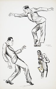 Two gentlemen in black tie perform La Danse Havas to the saxophone, from White Bottoms, pub. 1927 by Sem