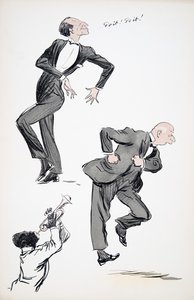 Two men in suits dancing while a musician plays the trumpet, from White Bottoms, pub. 1927 by Sem