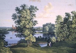 View of the Island from the Large Lake in the Park at Tsarskoye Selo