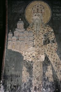 King Stephen Uros II Milutin with a model of the church, 1311-21 by Serbian School
