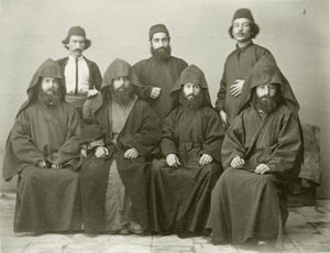 Group of 4 Armenian Priests and 3 Others in the Courtyard at the Mediterranean Hotel, Jerusalem, 1867 by Sergeant Henry Phillips