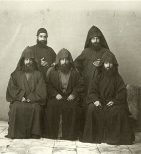 Group of 5 Armenian Priests in the Courtyard of the Mediterranean Hotel, Jerusalem, 1867 by Sergeant Henry Phillips