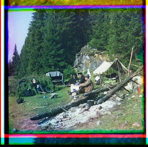 Sergei Prokudin-Gorskii and Others Seated at a Campsite, Chusovala River, Ural Mountains, Russia by Sergei Mikhailovich Prokudin Gorskii