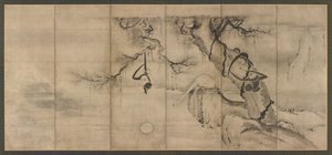 Monkeys and trees on a river bank, Momoyama period by Sesson Shukei