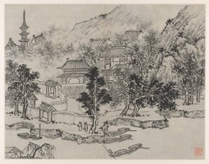 Twelve Views of Tiger Hill, Suzhou: Distant View of Tiger Hill from the Canal Mooring, after 1490 by Shen Zhou