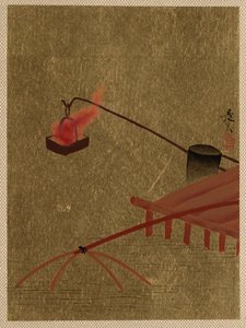 Fire Basket Suspended from Dock over a Fish Net in the Water