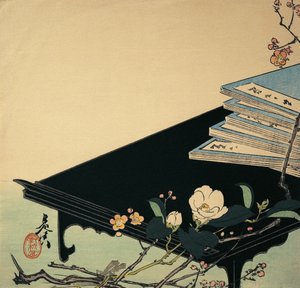 Stack of books and plum blossom flowers on a table by Shibata Zeshin