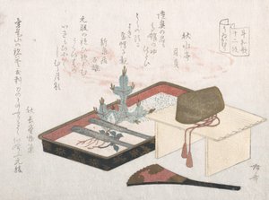 Crown on a Table, Lacquer Tray with Young Pine and Fan by Shinsai