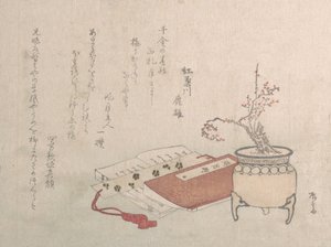 Potted Plum Tree in Blossom and Books, 19th Century by Shinsai