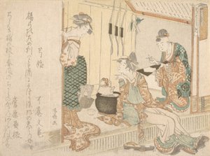 Two Young Ladies Having Tea Attended by Elderly Servant