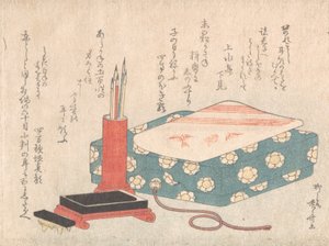 Writing Set and Poem Card Box from Spring Rain Surimono Album by Shinsai