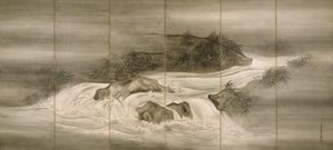 River Landscape with Fireflies by Shiokawa Bunrin