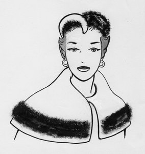Woman with fur-trimmed cape and matching hat by Shirley Markham