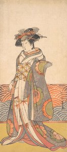 The Third Segawa Kikunojo as a Woman Standing in a Room Having a Wave-pattern Dado by Shunsho