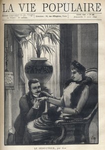 A man on his knees is holding the hand of an elegant woman, sitting in a bourgeois living room, wearing his coat, a sleeve and a fur scarf. Illustration for Le Seducteur by Gyp (Sibylle Gabrielle Marie Antoinette Riquetti de Mirabeau, Countess of Martel by Sibylle Gabrielle de Riquetti de Mirabeau