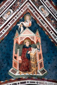 View of the Detail of a Fresco Decorating One of the Vaults of the Upper Church Representing the Four Doctors of the Roman Church: St. Gregory I the Great and the Evangelist Saint Matthew by Sienese School