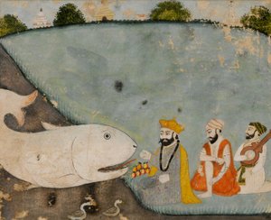 Guru Nanak with Bala, Mardana and the Great Fish (Vishnu in Matsyavatara) by Sikh School