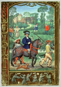 July: Falconry, haymaking and chasing butterflies, from a Book of Hours, or the Golf Book, c.1520-30 by Simon (workshop of) Bening
