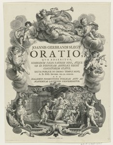 Minerva Crowns a Young Man with a Diploma (Title Page for: J.G. Slegt, Oratio, qua adseritur, Nimrodum falso patrem Nini, 1747) by Simon Fokke